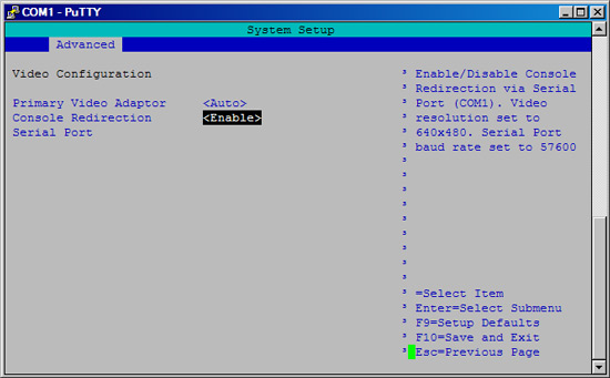 BIOS console redirect configuration.